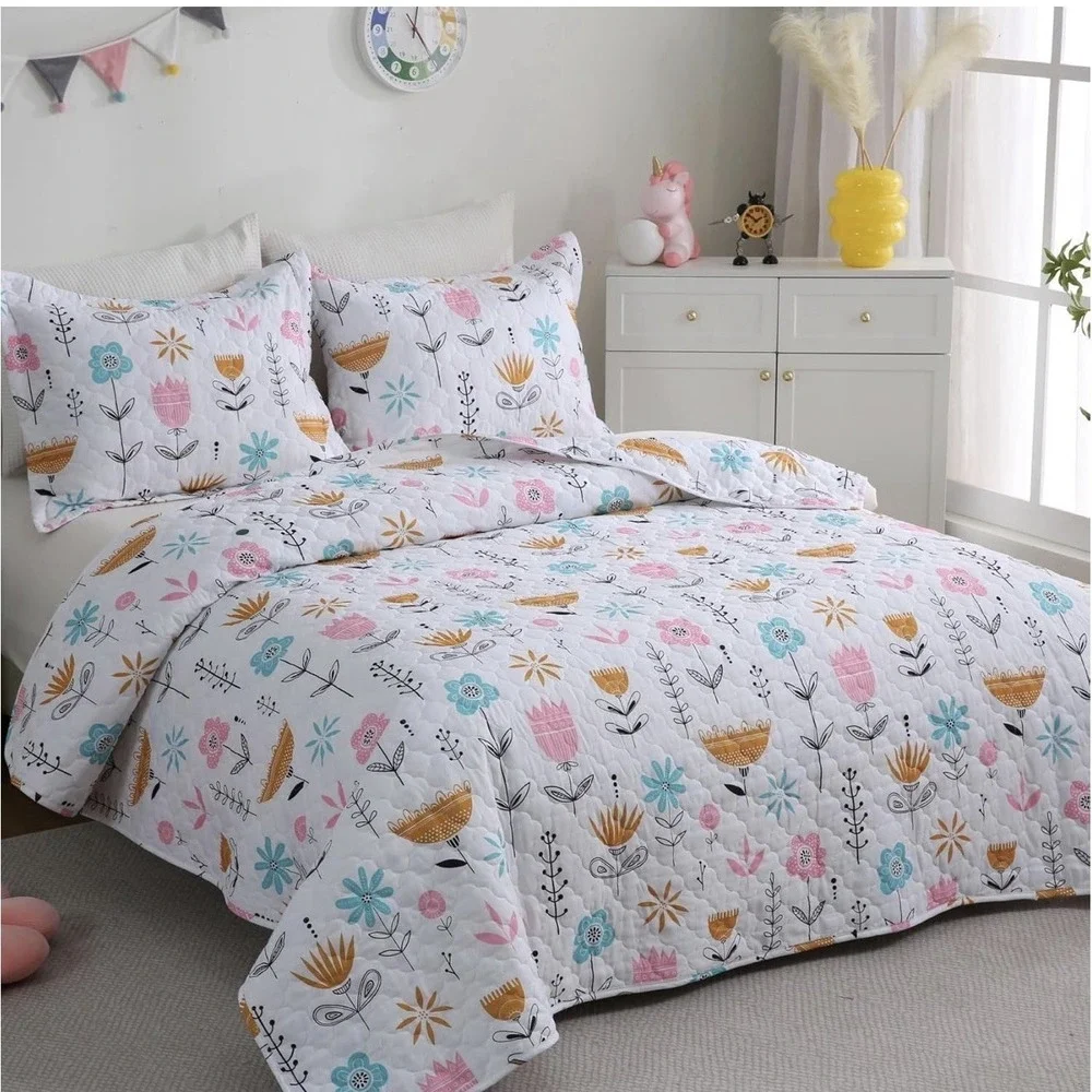 Girls Pink Floral Quilt Set Full Size Kids Bedding Set